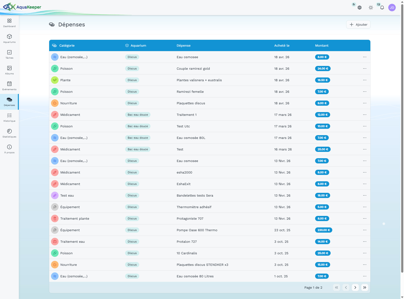 Interface Aquakeeper permettant de suivre les dépenses d'un aquarium