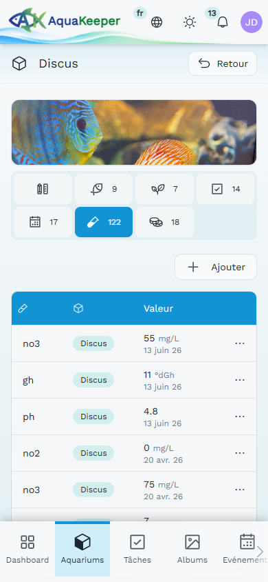 Application mobile Aquakeeper pour suivre les paramètres de l'eau d'un aquarium