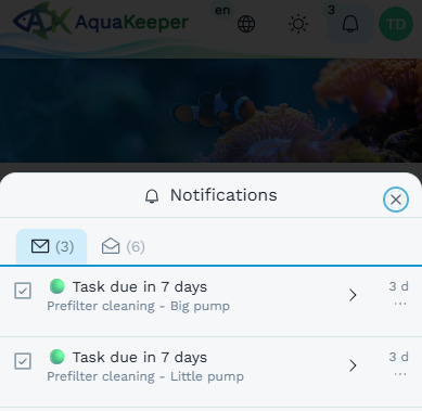 Centre de notifications interne dans l'application Aquakeeper