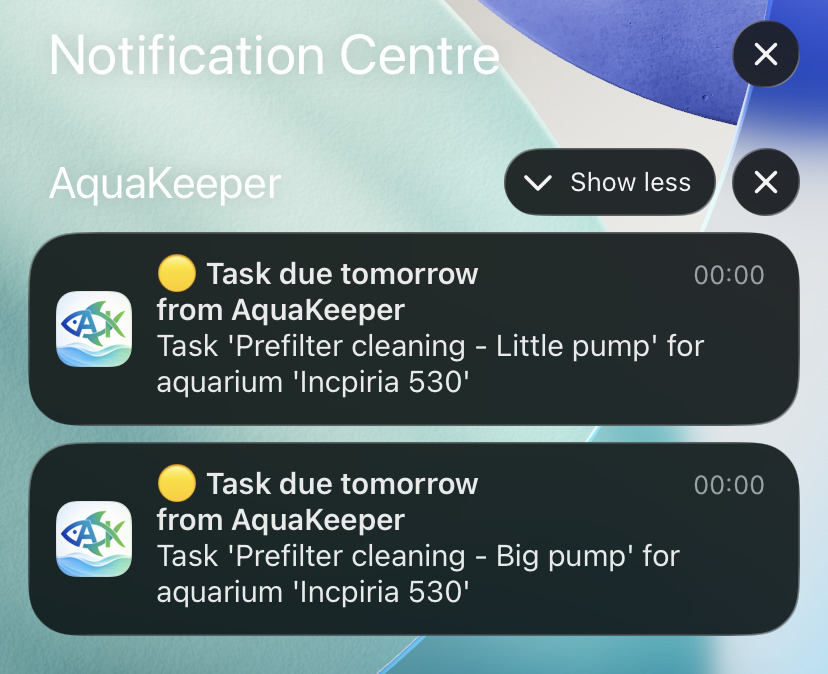 Rappels de tâches aquarium affichés dans Aquakeeper