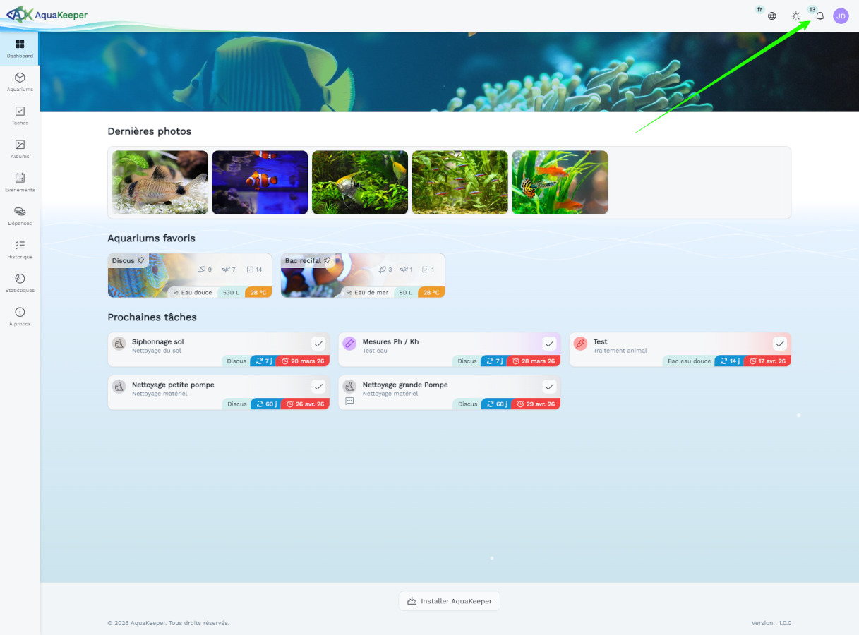 Interface Aquakeeper affichant les notifications d'un aquarium