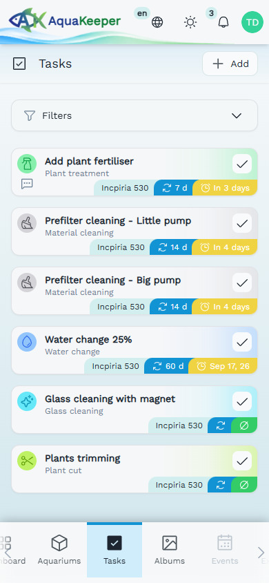 Application mobile Aquakeeper affichant les tâches à réaliser pour un aquarium